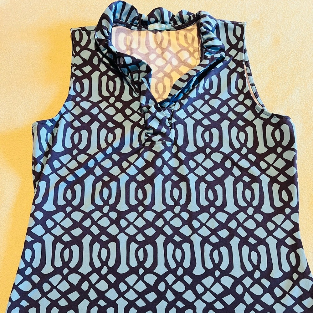 J. McLaughlin Navy and Light Blue Geometric Blouse